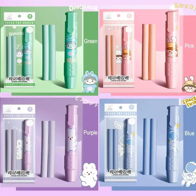 Cute Cartoon Pressing Pencil Eraser Pen Type Rubber Stationery Replaceable Eraser Core for Kids Writing Supplies Soft Art Eraser