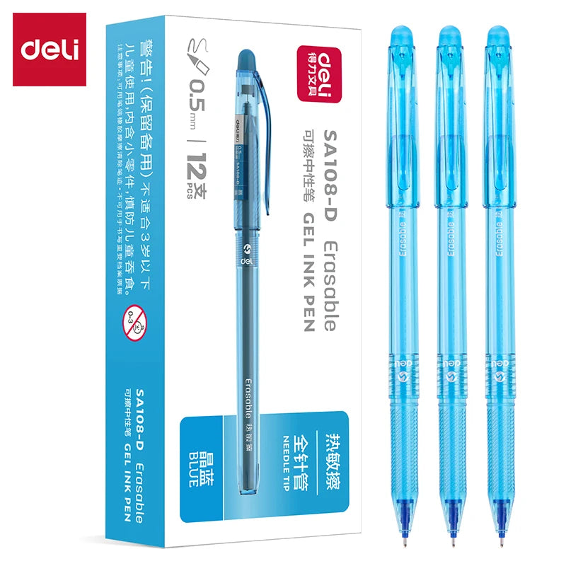Deli Erasable Gel Pen 0.5mm Needle Tip Friction Erasable Black Blue Ink Smooth Writing No Smear School Office Supplies SA108-D