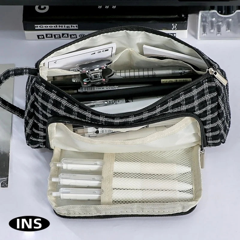 Cute Cat Mewo Plaid Handheld Pencil Case Large Capacity Durable Stationery Bag for School Office F7920