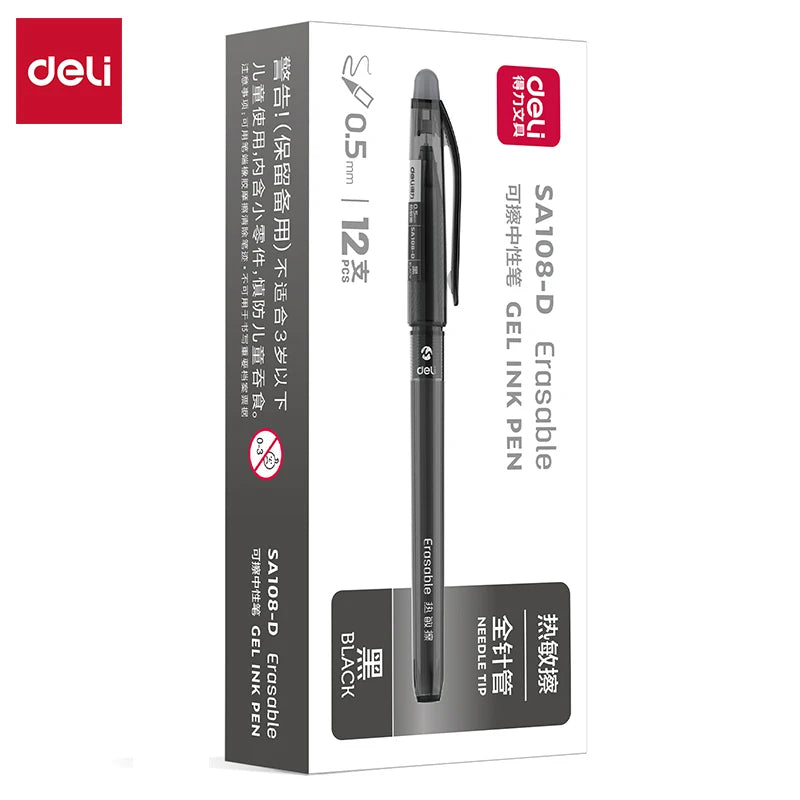 Deli Erasable Gel Pen 0.5mm Needle Tip Friction Erasable Black Blue Ink Smooth Writing No Smear School Office Supplies SA108-D