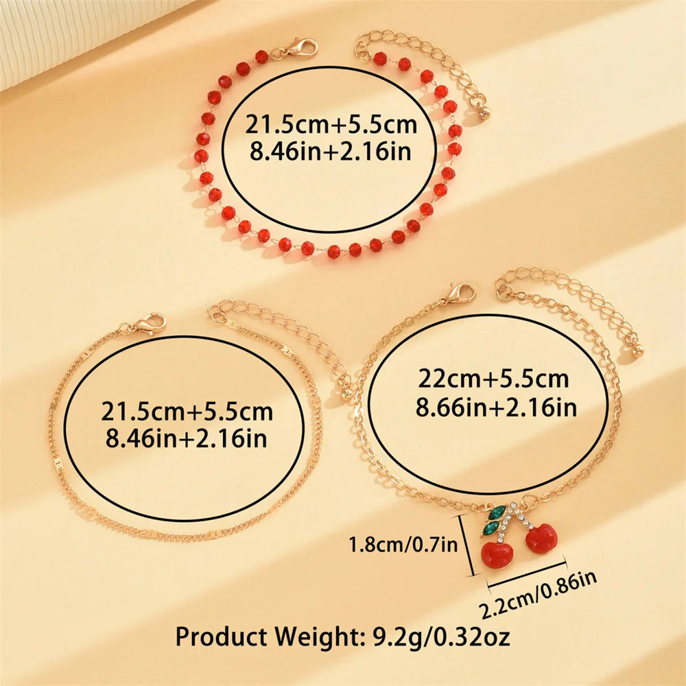 CherrySole - Cute Cherry Pendant Red Rice Beads Anklets For Women Charm Gold Color Foot Chain Ankle Bracelet Beach Jewelry Summer Accessories