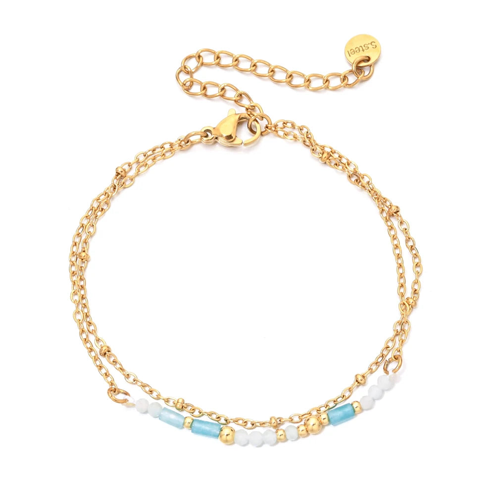 Lunara - Thin Boho 18K Gold PVD Plated Stainless Steel Chain Bracelets for Women Charm Lapis Lazuli Turquoise Natural Stone Jewelry Gift