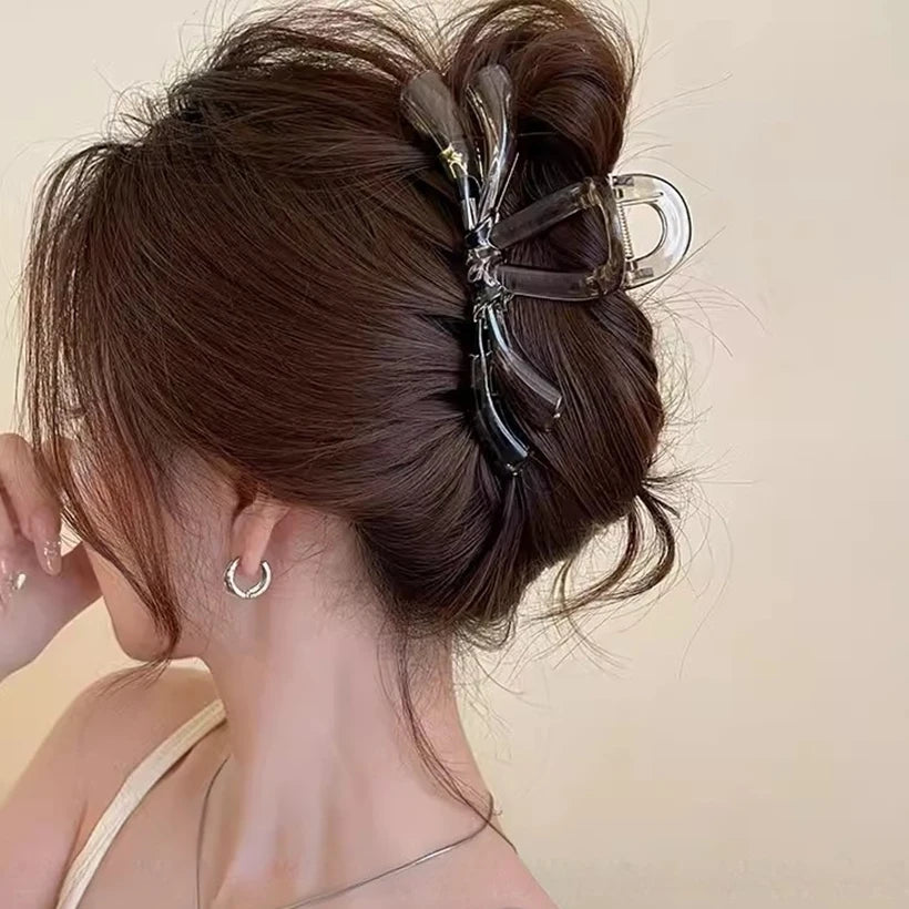 Bowrella - Korean Large Ribbon Hair Claw Crab Barrettes For Women Girls Sweet Acrylic Shark Bow Hair Clip Hairpin Ponytail Hair Accessories