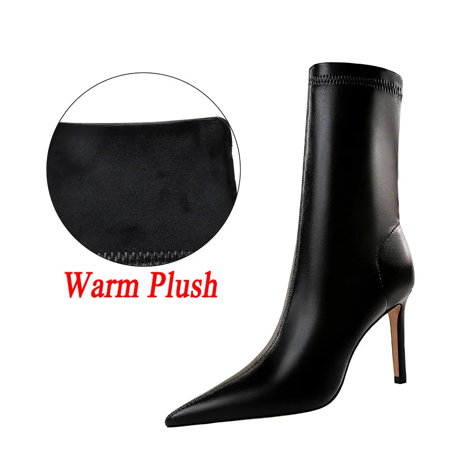 loothy - Women 7.5cm 10cm High Heels Leather Boots Lady Low Heels Short Ankle Boots Stripper Winter Warm Snow Plush Pointed Toe Shoes