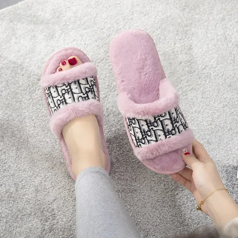 Family Warm - Flat Bottom Slippers For Women's Home Anti Slip Rabbit Hair Fashion Opening Cotton Slippers