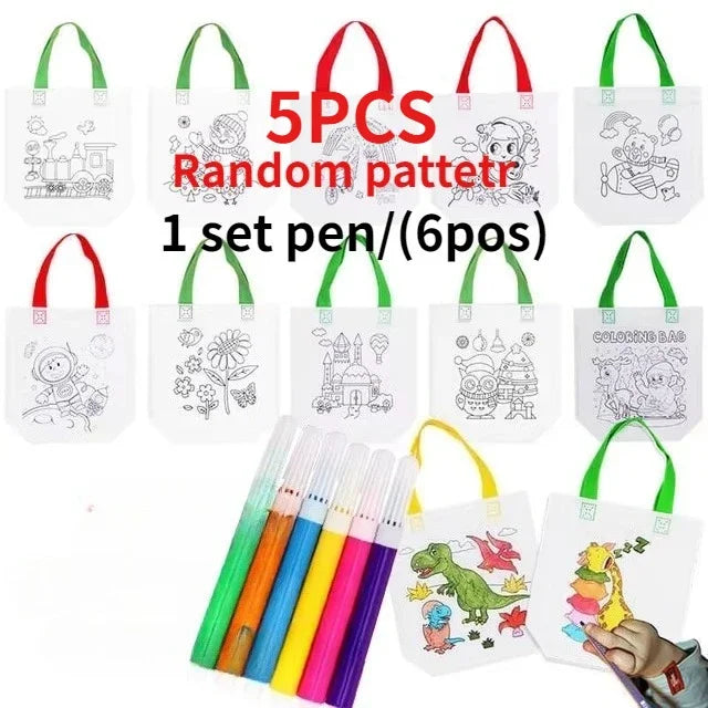 1-10pcs Sets DIY Graffiti Bag with Markers Handmade Painting Non-Woven Bag for Children Arts Crafts Color Filling Drawing Toys