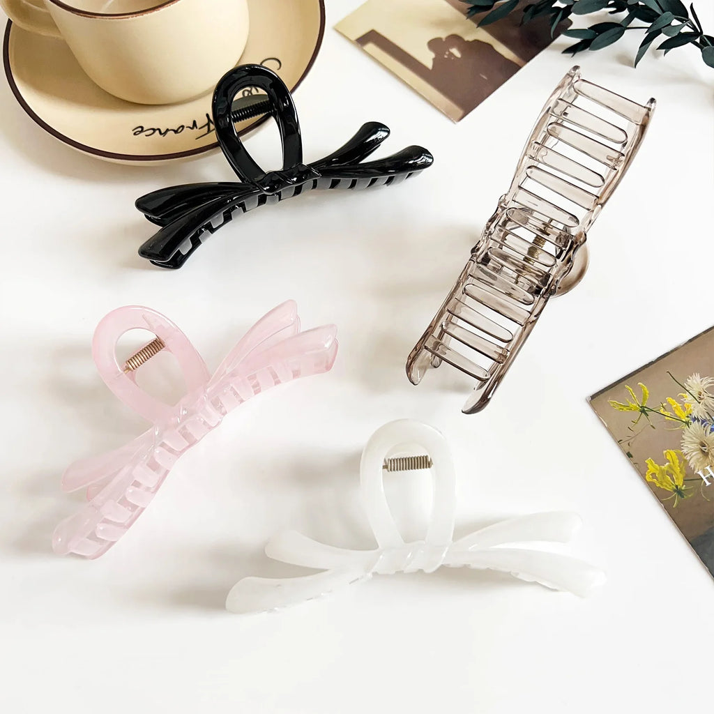 Bowrella - Korean Large Ribbon Hair Claw Crab Barrettes For Women Girls Sweet Acrylic Shark Bow Hair Clip Hairpin Ponytail Hair Accessories