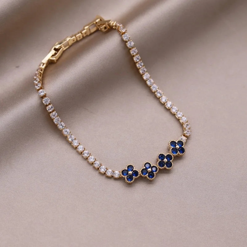 Florivra - Korean new design fashion jewelry 14K gold plated luxury blue zircon flower bracelet elegant women's daily work accessories