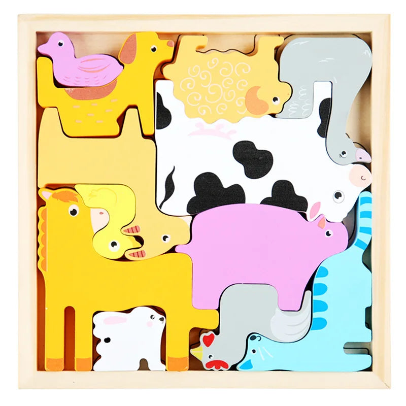 Children Montessori Wooden Toys Block Cartoon Animal Three-dimensional Jigsaw Puzzle Early Education Grab Board  3d Puzzle Toys