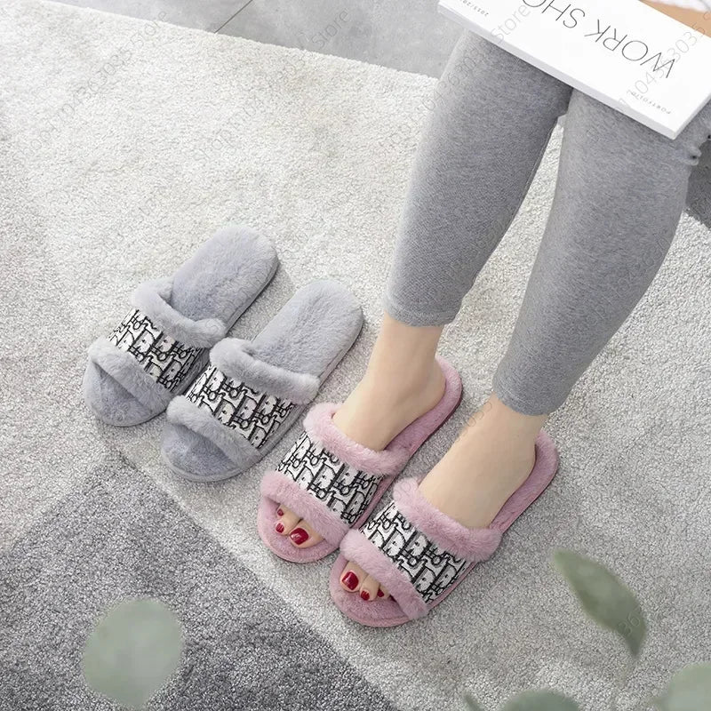 Family Warm - Flat Bottom Slippers For Women's Home Anti Slip Rabbit Hair Fashion Opening Cotton Slippers