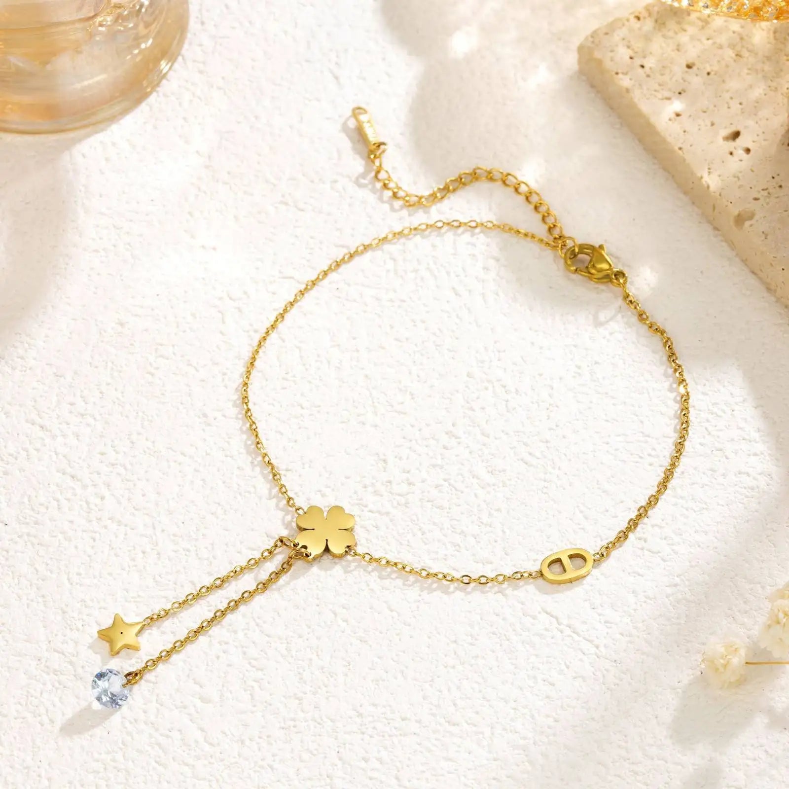 Charmora - Lucky Four Leaf Clover Pig Nose Ankle for Women Girls Gifts Gold Color Foot Chain Stainless Steel Jewelry Accessories