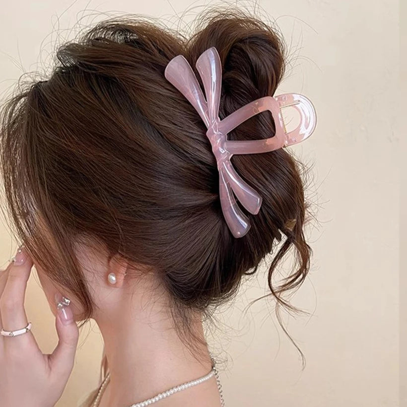 Bowrella - Korean Large Ribbon Hair Claw Crab Barrettes For Women Girls Sweet Acrylic Shark Bow Hair Clip Hairpin Ponytail Hair Accessories