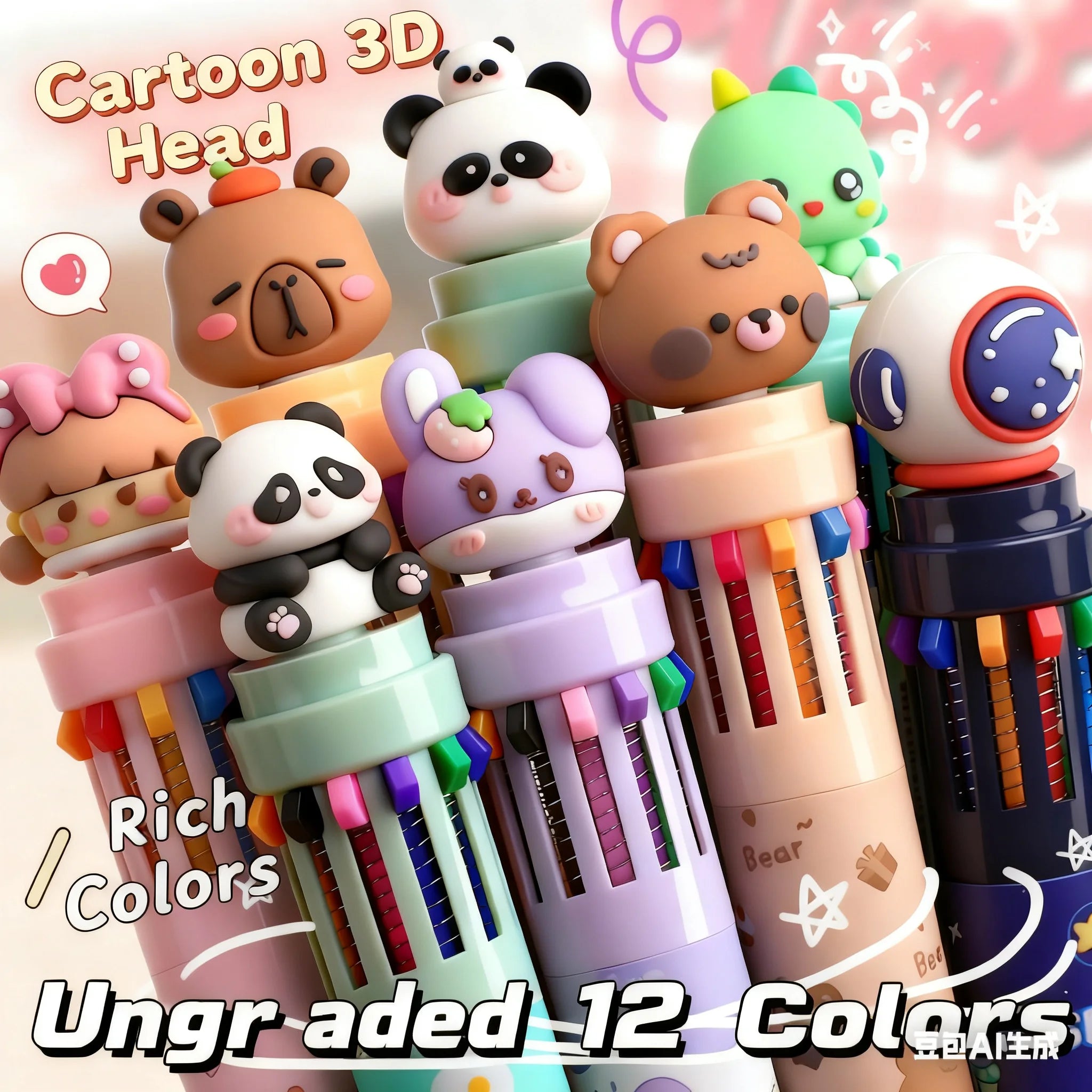 10 color ballpoint pens cartoon cute creative multi-color ballpoint pens press type color multifunctional pens, portable gifts