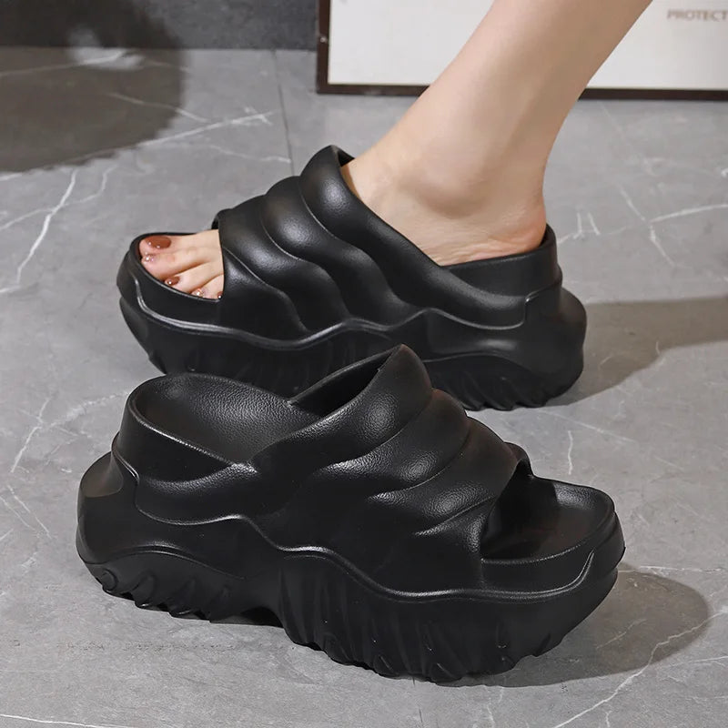 HighTide - New high heel 9 cm platform slipper women summer height increasing shoes girl new chunky sole slides woman wavy pattern slippers