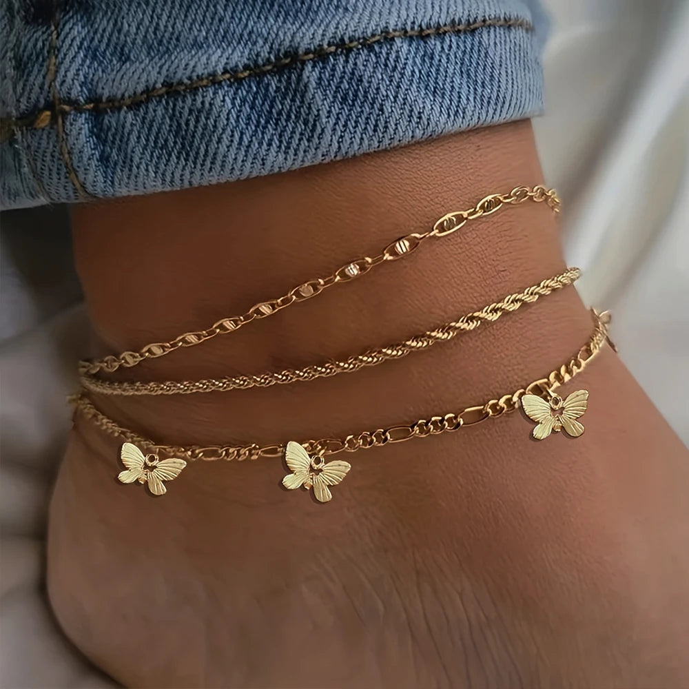 SeaButterfly - 1-3pcs Simple Metal Chain Butterfly Pendant Anklet for Women Adjustable Layered Vintage Minimalist Beach Anklet Set Foot Jewelry
