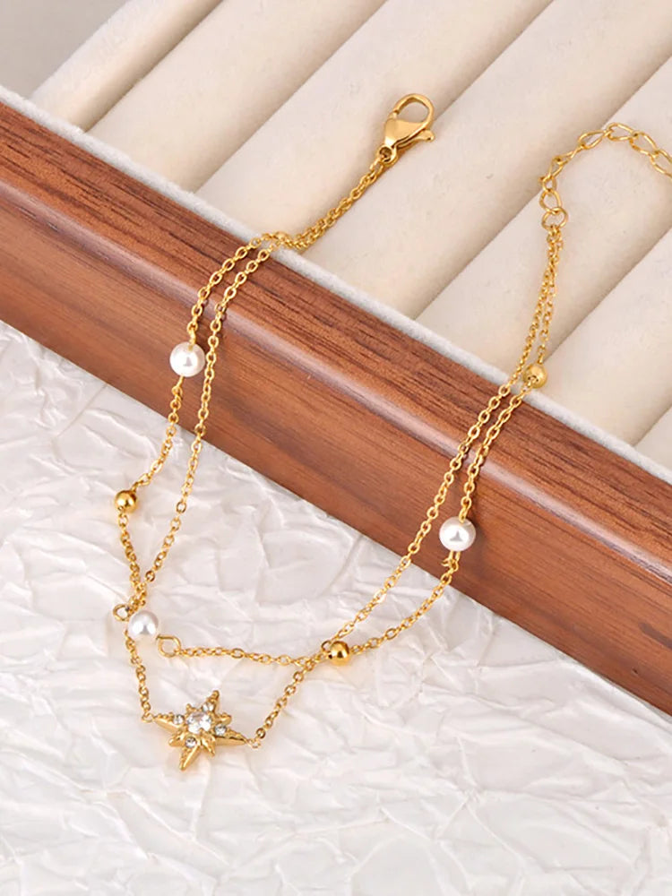 Bohera- 
Lokaer Boho Double Layer White Pearl Chain Link Anklet For Women 316L Stainless Steel CZ Crystal Star Jewelry Ножные цепи A24018