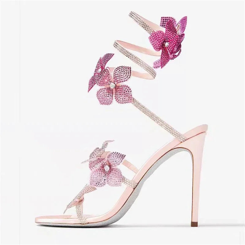 Eilyken  - Sexy CRYSTAL Flower Thin High Heels Women Sandals Street Style Narrow Band Ankle Strap Pole Dancing Ladies Shoes