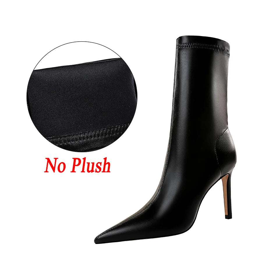 loothy - Women 7.5cm 10cm High Heels Leather Boots Lady Low Heels Short Ankle Boots Stripper Winter Warm Snow Plush Pointed Toe Shoes
