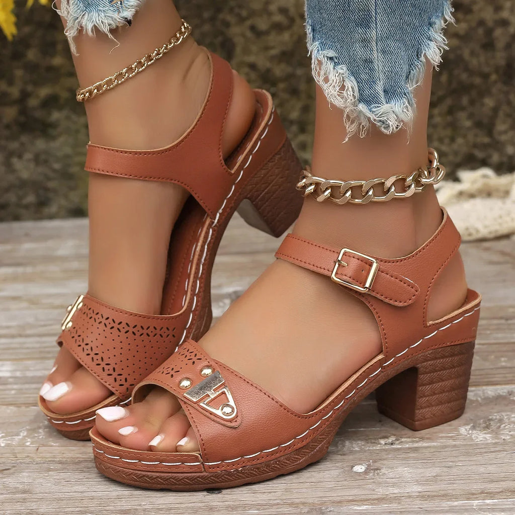 Outdoor Wear - New Large Size High Heels Sandals Roman Style Synthetic Leather Fish Mouth Thick Heel Sandals