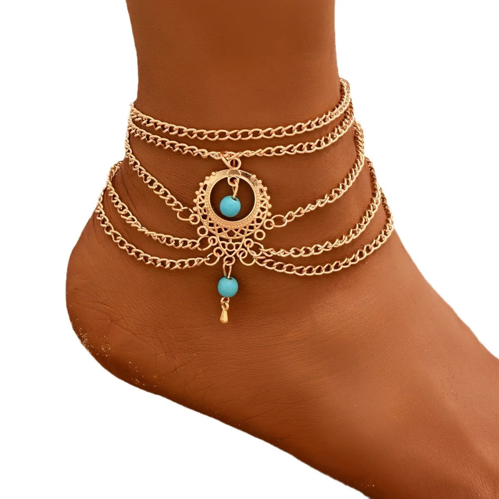 FLUVIA - 
1PC Fashion Simple Multi layer Hollow Turquoise Water Drop Foot Chain Outdoor Beach Travel Accessories Festival Gift-193