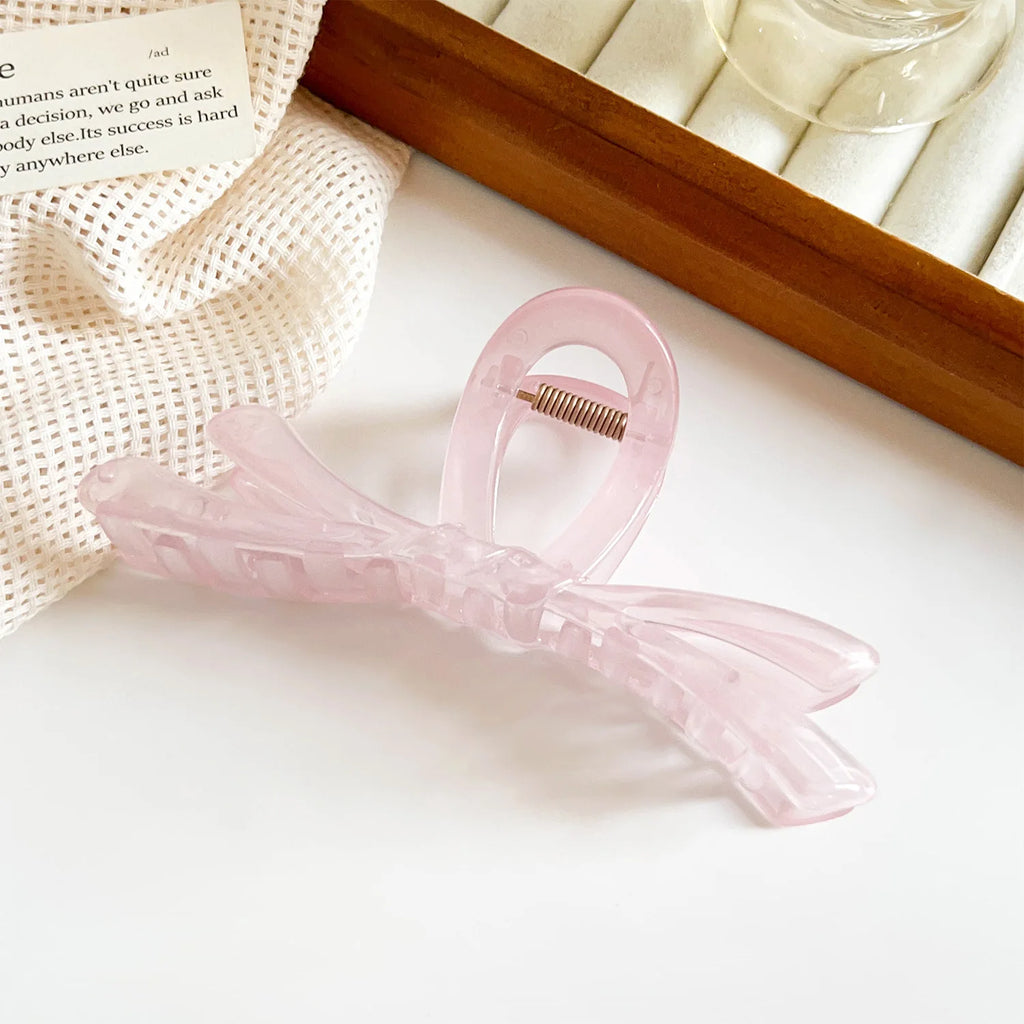 Bowrella - Korean Large Ribbon Hair Claw Crab Barrettes For Women Girls Sweet Acrylic Shark Bow Hair Clip Hairpin Ponytail Hair Accessories