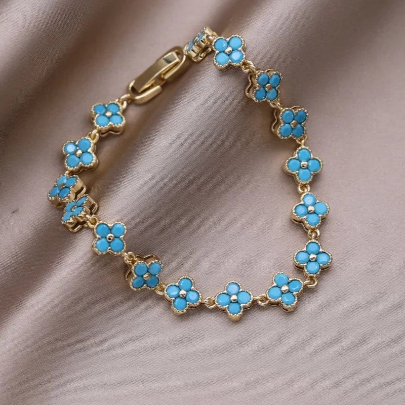 Florivra - Korean new design fashion jewelry 14K gold plated luxury blue zircon flower bracelet elegant women's daily work accessories