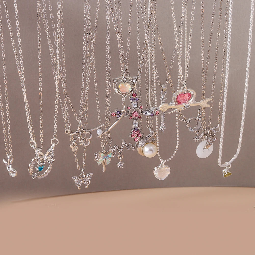 Aurivelle - Y2K Crystal Butterfly Heart Necklace Fashion Kpop Shiny Clavicle Chain Necklaces for Women Girls New Trend Party Gifts Jewelry