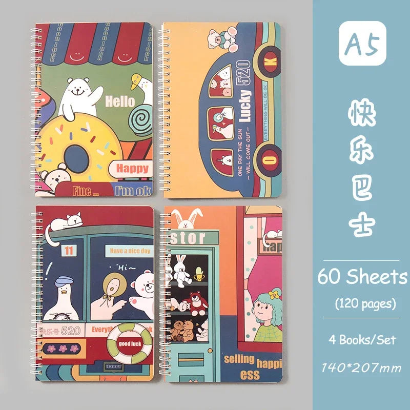 4 Books/Set A5 Coil Lined Notebook High Quality Kawaii Korean Stationery Cute School Supplies for Students