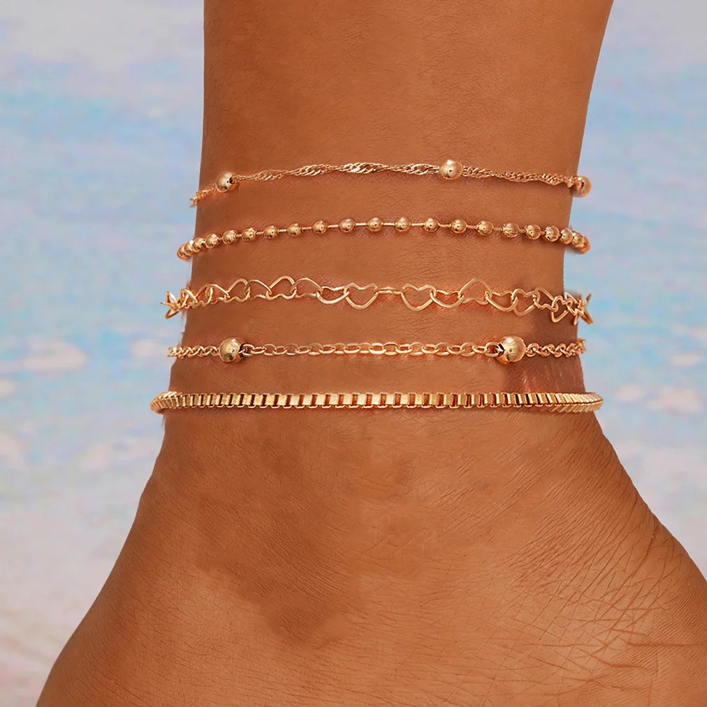 VIVORA - 
New European American Heart Butterfly Ankle Set for Women Bohemian Retro Beach Multi Bead Ankles Versatile Party Banquet Jewelry