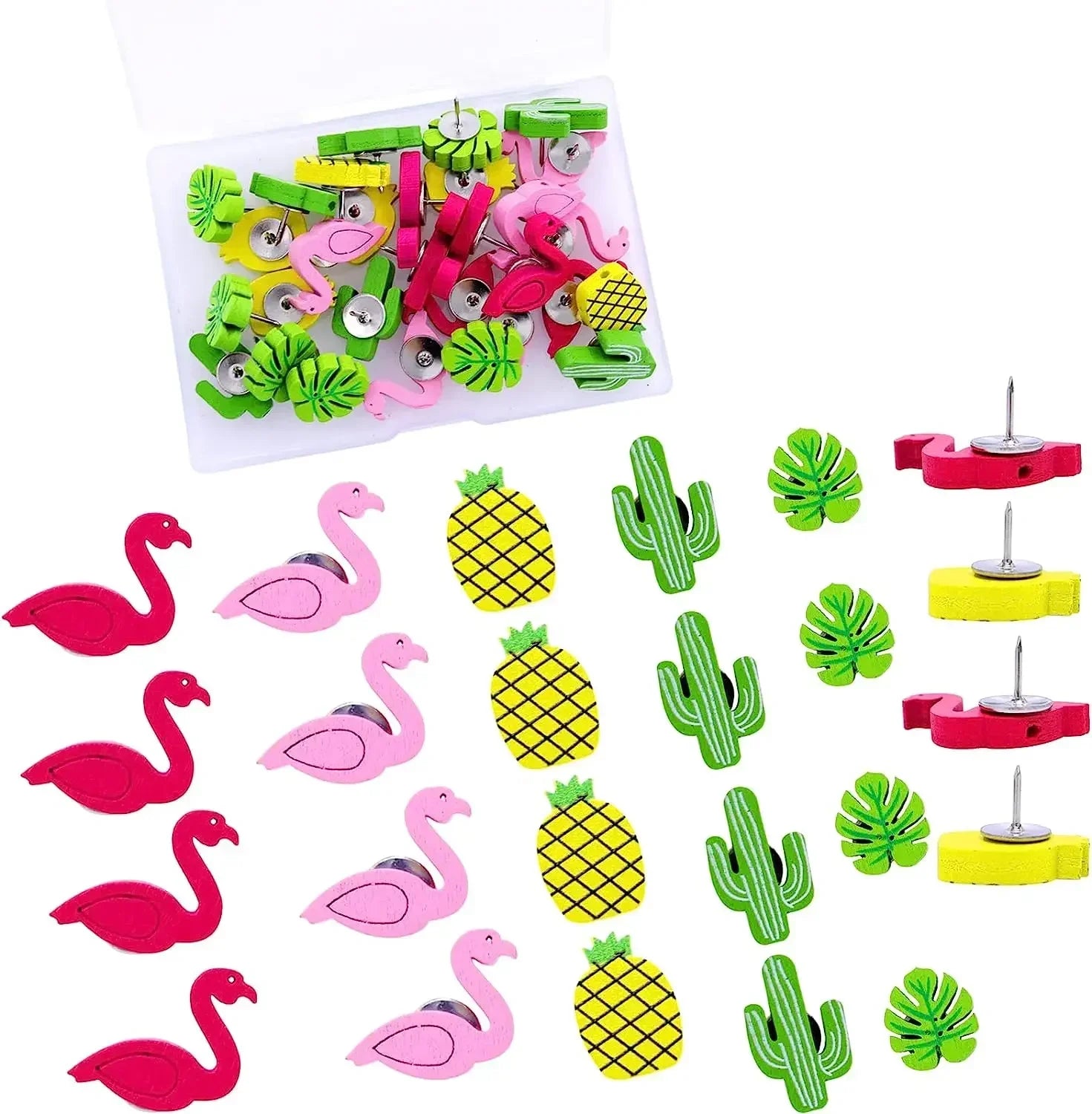 30PCS Decorative Push Pins Wood Push Pins for Home Office Cork Board Tropical Elements Flamingo Pineapple Cactus Palm Leaf