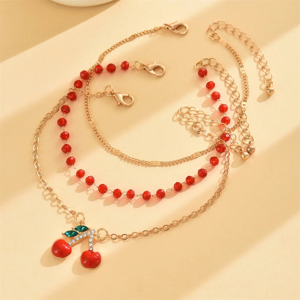 CherrySole - Cute Cherry Pendant Red Rice Beads Anklets For Women Charm Gold Color Foot Chain Ankle Bracelet Beach Jewelry Summer Accessories