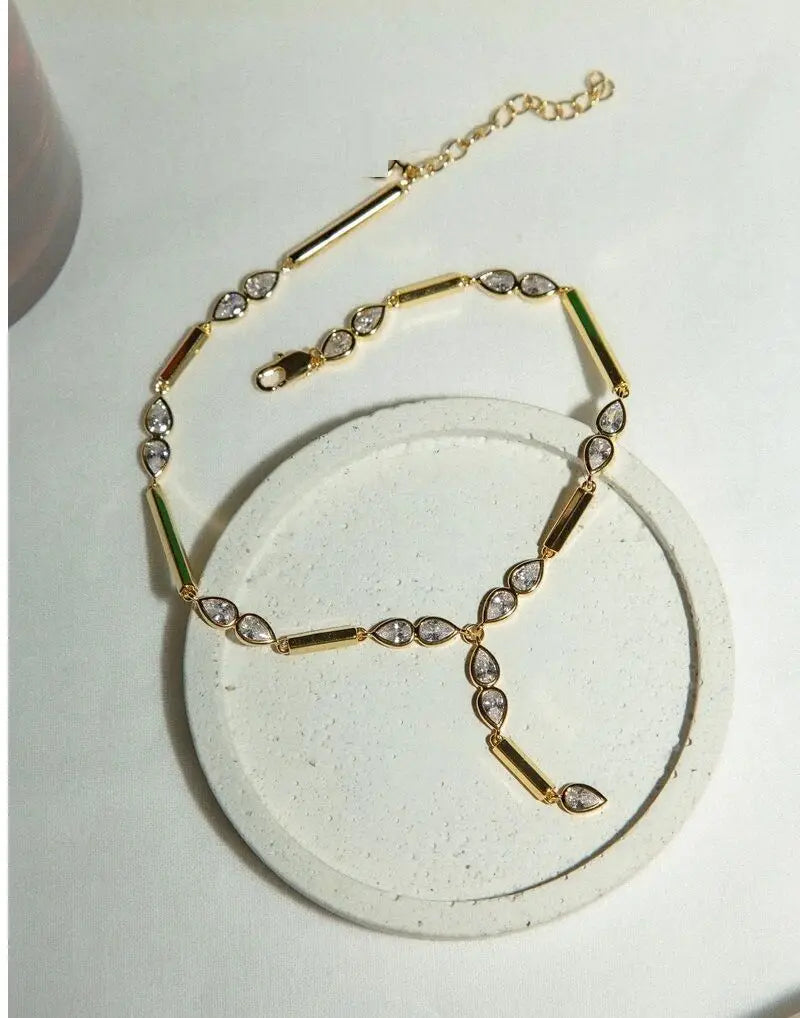 GLINTA - 
2025 New Arrived Gold Color Geometric Bar Tear Drop Cubic Zirconia CZ Link Chain Anklet Women Fashion Jewelry