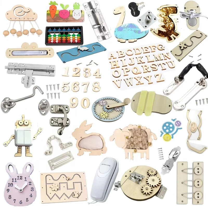 Wooden Busy Board DIY Toy Baby Montessori Sensory Activity Board Accessories For Children Locks Busyboard Parts Educational Toys