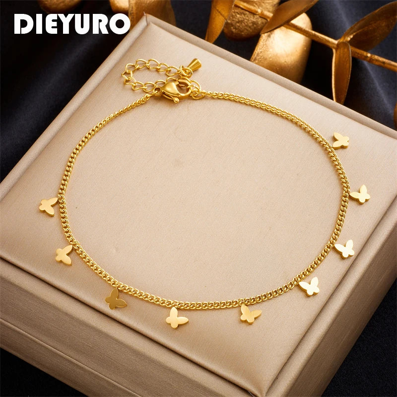 BUTTERA - 
DIEYURO 316L Stainless Steel Gold Color Butterfly Anklets For Women Girl New Trend Leg Chain Non-fading Jewelry Gift Party