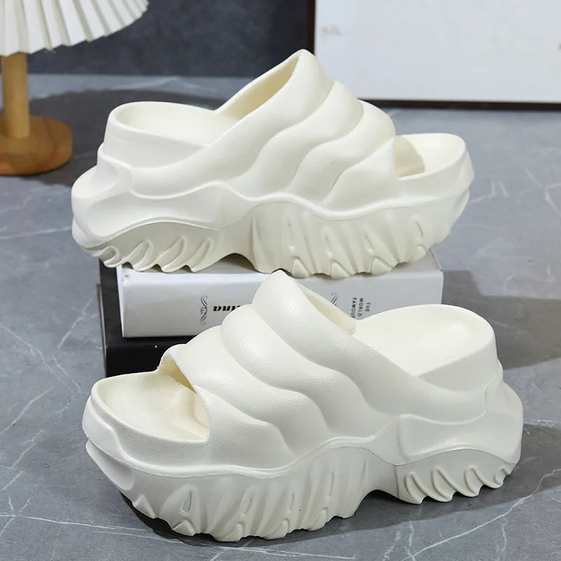 HighTide - New high heel 9 cm platform slipper women summer height increasing shoes girl new chunky sole slides woman wavy pattern slippers