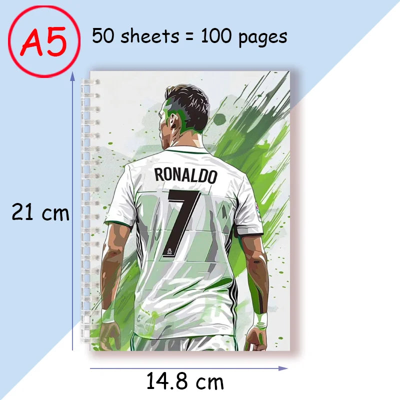 A5 Spiral Notebook Sporty Soccer-Themed Cristiano Ronaldo -100 Pages Journal Perfect Gift for Football Enthusiasts Sport Fans ﻿