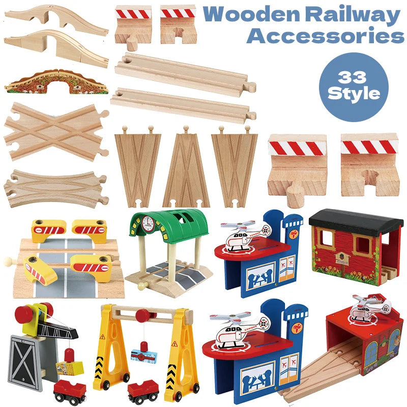 33style DIY Wooden Train Rail Tracks Accessories Wood Railway Track Parts Fit For All Wood Track Toy Christmas Birthday kid Gift