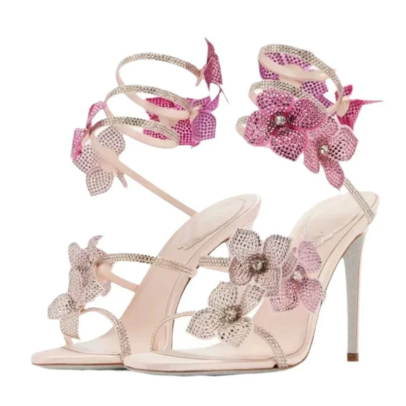 Eilyken  - Sexy CRYSTAL Flower Thin High Heels Women Sandals Street Style Narrow Band Ankle Strap Pole Dancing Ladies Shoes