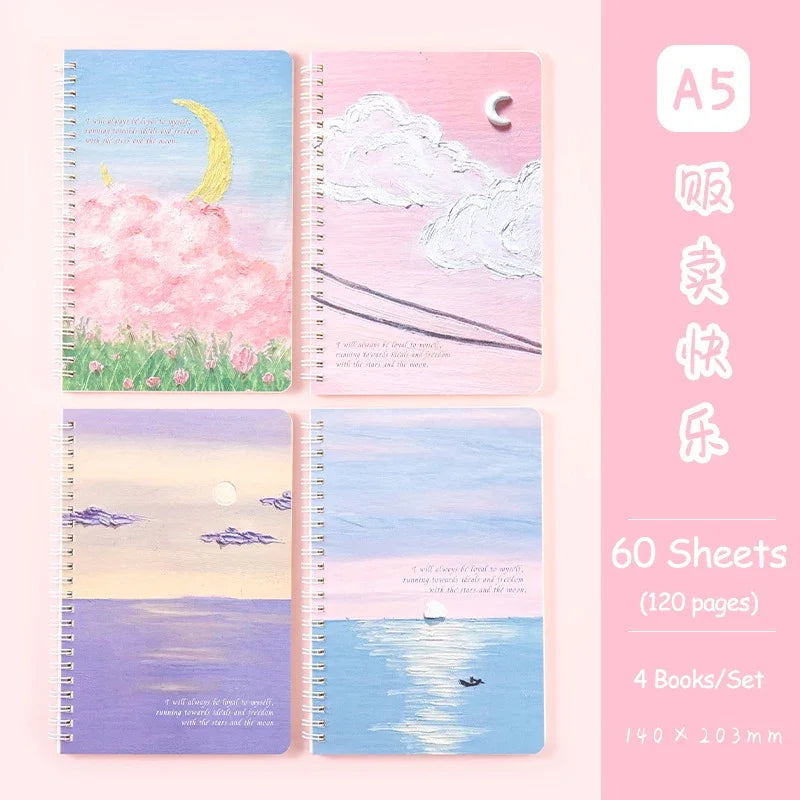 4 Books/Set A5 Coil Lined Notebook High Quality Kawaii Korean Stationery Cute School Supplies for Students