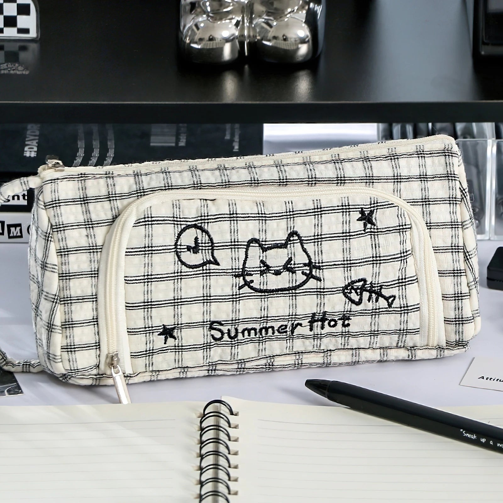 Cute Cat Mewo Plaid Handheld Pencil Case Large Capacity Durable Stationery Bag for School Office F7920