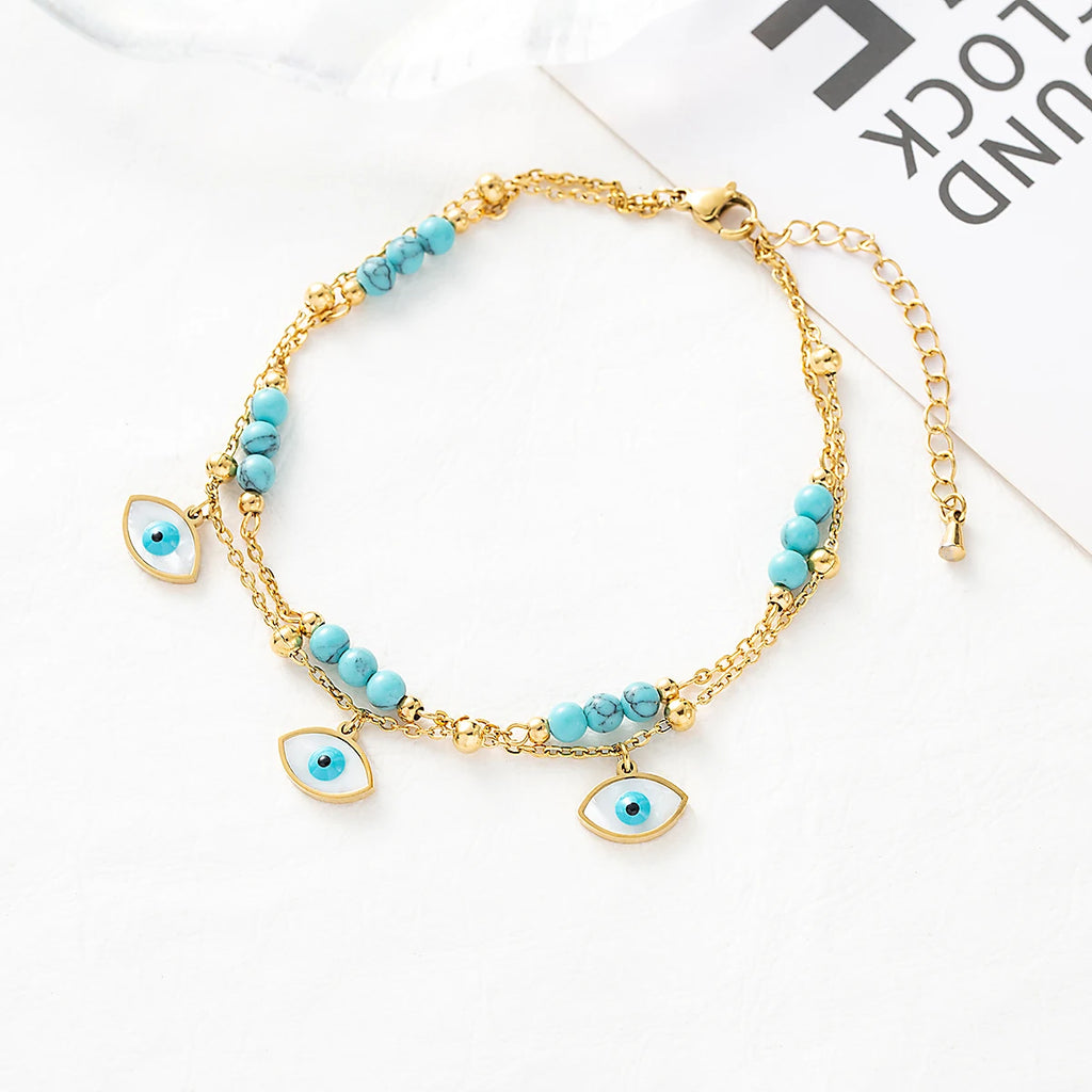 SERÉA - 
1 set of Turquoise inlaid star devil's eye lady's ankle chain stainless steel plated 18K gold ankle layered chain chain