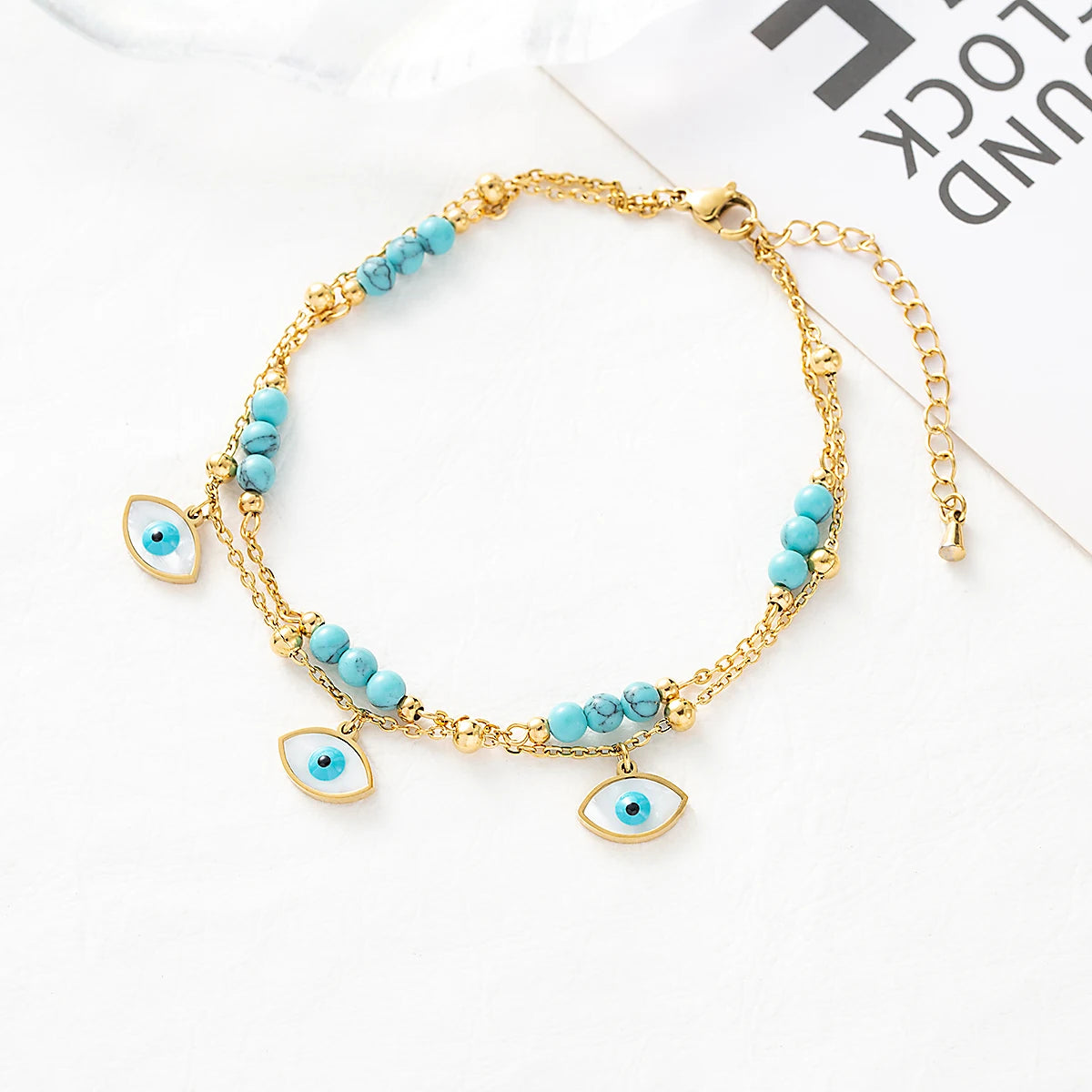 SERÉA - 
1 set of Turquoise inlaid star devil's eye lady's ankle chain stainless steel plated 18K gold ankle layered chain chain