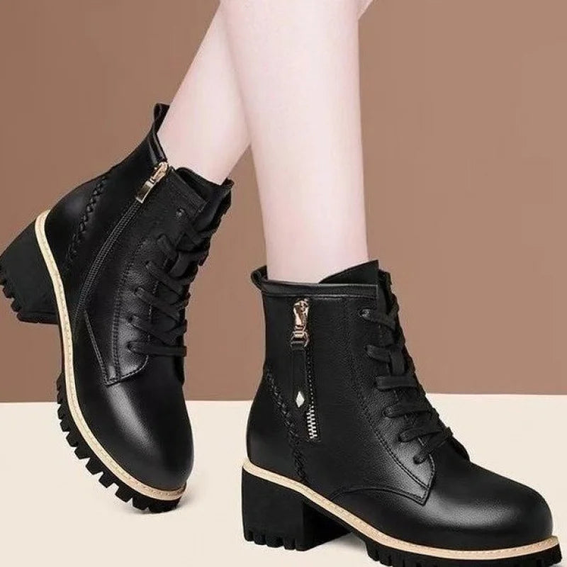Chunky Sole -  Ankle Boots     Lace-Up & Side-Zip Combat Boots Winter Fleece-Lined Booties Versatile Leather Boots Platfo