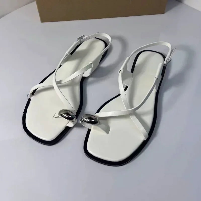 CALYSSA - 2025 Summer Flat Sandals for Woman Fashion Metal Decoration Ladies Footwear Breathable Cross Strap Casual Clip Toe Beach Shoes