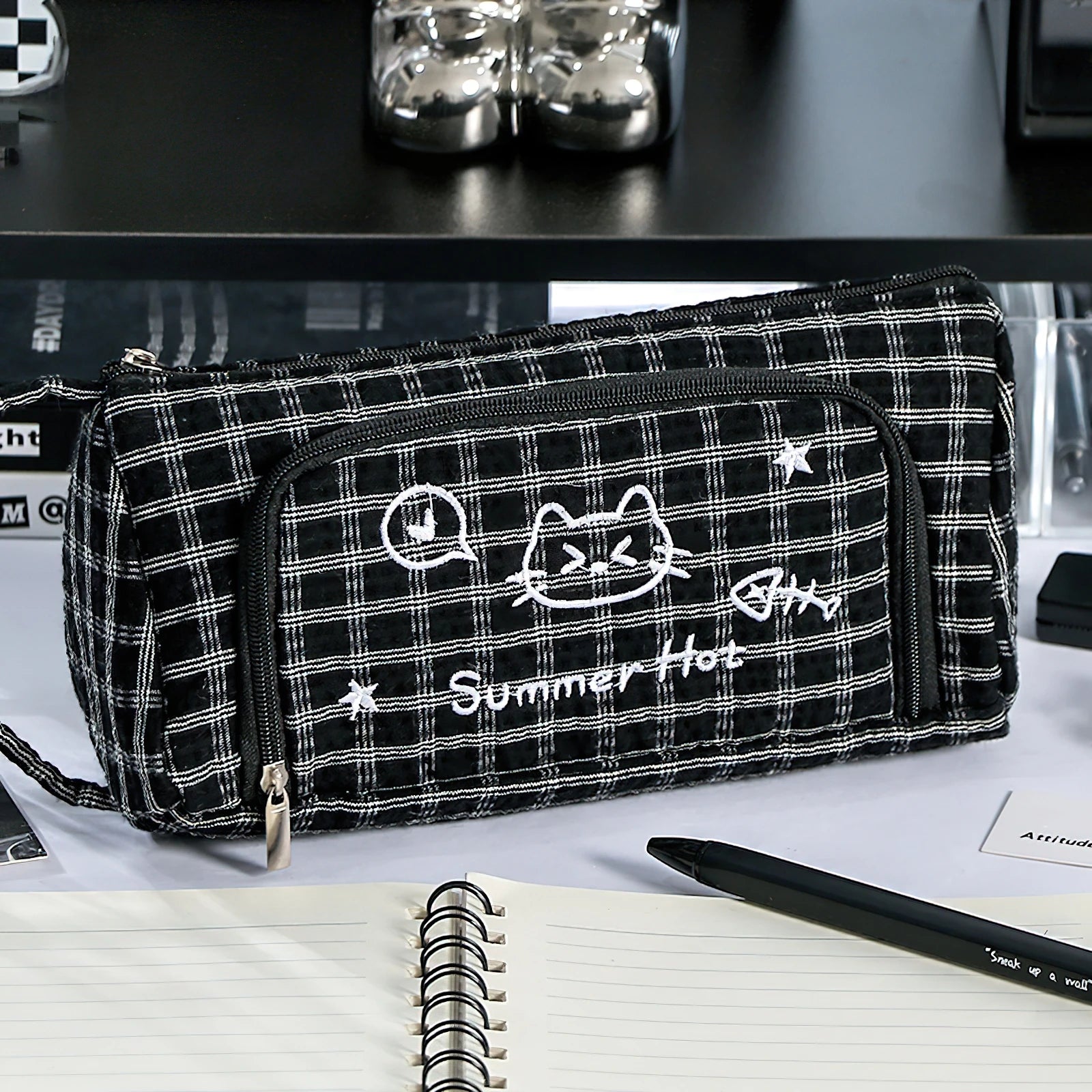Cute Cat Mewo Plaid Handheld Pencil Case Large Capacity Durable Stationery Bag for School Office F7920