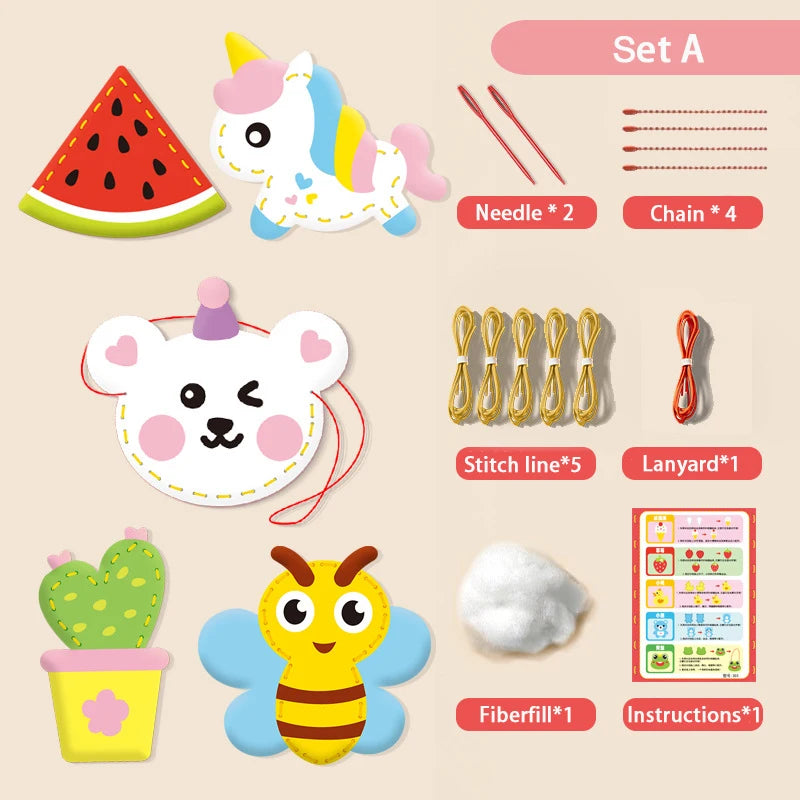 Sewing Kit for Beginner Kids Arts Crafts Cute Cartoon DIY Projects of Stuffed Animal Dolls Pendant Shoulder Bag Threaded Toys