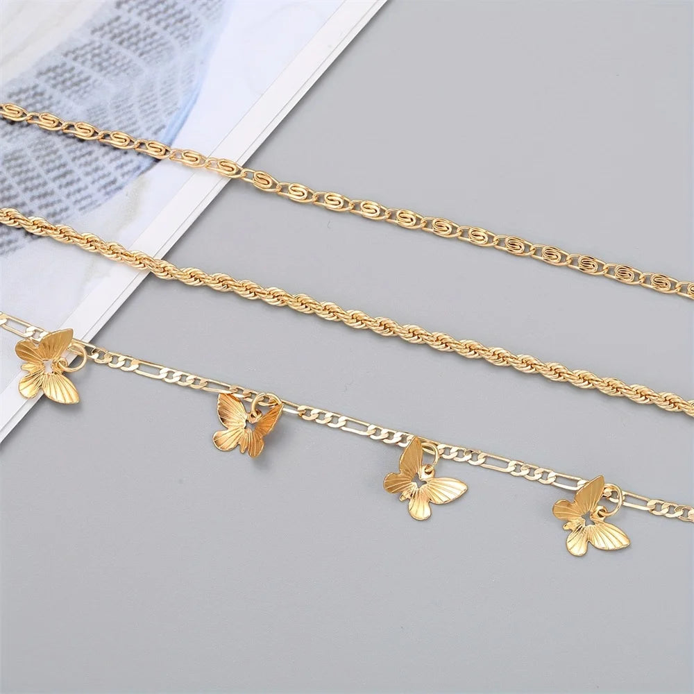 SeaButterfly - 1-3pcs Simple Metal Chain Butterfly Pendant Anklet for Women Adjustable Layered Vintage Minimalist Beach Anklet Set Foot Jewelry