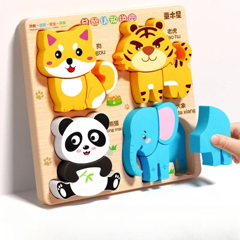 Montessori Cartoon 3D Wooden Puzzle Animal Traffic Jigsaw Toys for Kids Early Learning Educational Cognitive Game Children Gifts