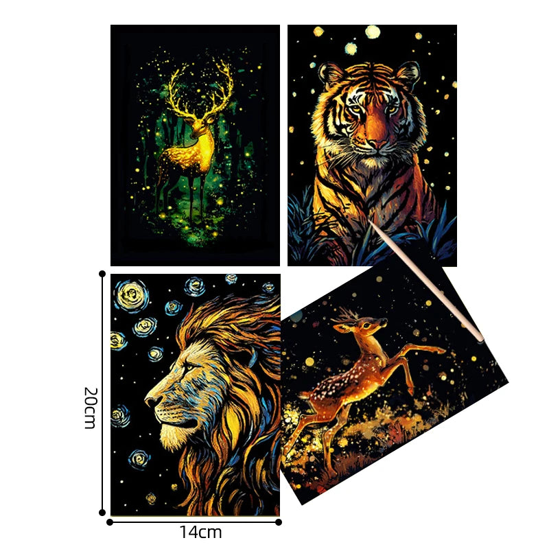 4PCS Glow in Dark Scratch Paper Animals Cards Magic Painting Art with Stylus Stress Relief Drawing Toy DIY Craft Kids Adult Gift