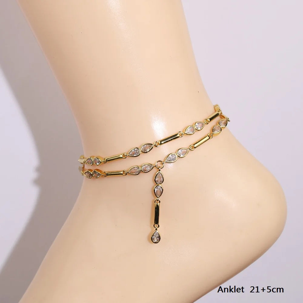 GLINTA - 
2025 New Arrived Gold Color Geometric Bar Tear Drop Cubic Zirconia CZ Link Chain Anklet Women Fashion Jewelry